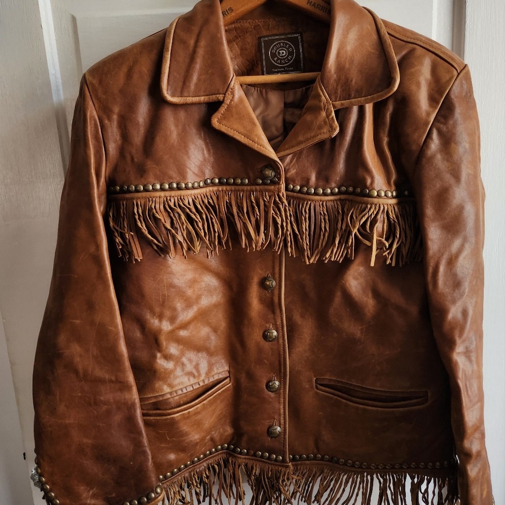 Double D Ranch fringe, leather jacket size S